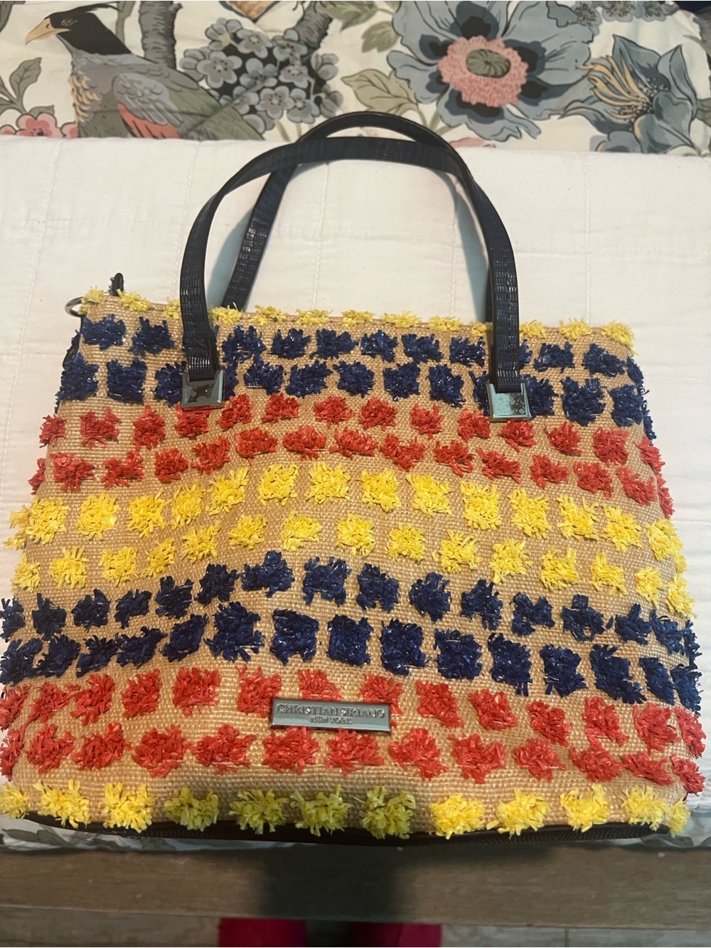 Christian Siriano Yellow, Navy & Coral Textured Tote - Picture 3 of 16